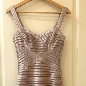 BCBG Maxazria “Rivas” body-con mini dress size 2 light bronze “pumice” color.